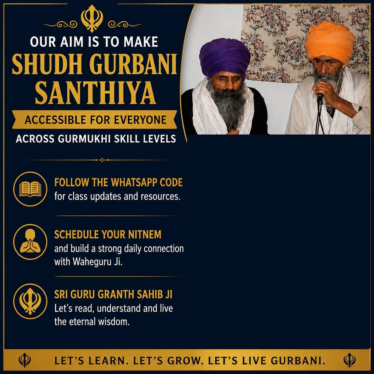 Baba Jawahar Singh Ji Santhiya Classes poster · Our aim is to make Shudh Gurbani Santhiya accessible for everyone.